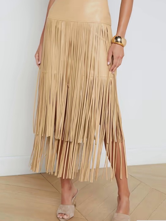 L'AGENCE Dresses & Skirts - L'AGENCE Tan Faux Leather Fringe Midi Skirt